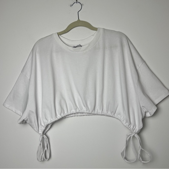ZARA Women's White Cropped Drawstring Crew Neck Short Sleeve T-Shirt Top Sz L - Picture 1 of 5